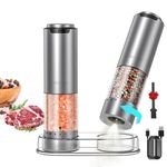 CIRCLE JOY Electric Rechargeable Salt and Pepper Grinder Set with 6 Levels Adjustable Coarseness, Stainless Steel Electric Salt Mill and 95ml Refill Container, White LED Light, Storage Base
