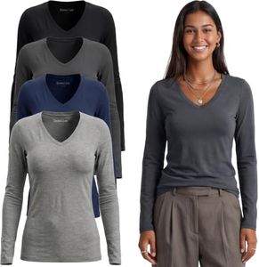 Emmalise Women's Casual Basic V-Neck Tshirt Long Sleeves Tee Top - 4Pk-Black,Navy,Charcoal,H Gray, 2XL