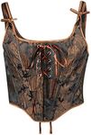 Womens Renaissance Lace up Boned Bustier Vintage Square Neck Sleeveless Floral Cosplay Crop Tank Tops Corset Bodice Shirt, Brown, Large