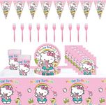 KT Cat Party Tableware Set, KT Cat Birthday Party Set Birthday Party Supplies Tableware Set Includes Tablecloths Tissues Plates Cups Banner Forks for Themed Birthday Baby Shower Decorations