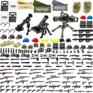 BloxBrix 210 pcs Weapons-Machine-Guns-Rifles Compatible with Major Brands, Minifigures-add-ons-Militarybase-Toy-Soldiers-Police, WW2-Modern-Swat-Battle-Ammo-Belt-gas mask-Decations for Army-Men
