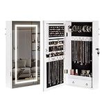 Lavievert Jewelry Armoire with LED Lighted Mirror, Wall/Door Mounted Frameless Mirror with 3 Color Lights, Lockable Jewelry Cabinet Hanging Jewelry Organizer with 2 Drawers (White)