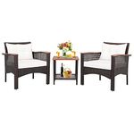 COSTWAY 3-Piece Rattan Bistro Set, Acacia Wood Garden Sofa Table Set with 2-Tier Slatted Coffee Table & Cushions, Outdoor Wicker Conservatory Furniture Set for Backyard Poolside Terrace