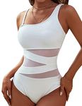 Blooming Jelly Women's Sexy One Piece Bathing Suits Slimming One Shoulder Swimsuits White Mesh Swimwear (Small, White)