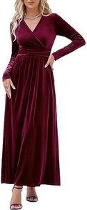 OUGES Womens Long Sleeve Wrap V Neck Velvet Dress Christmas Holiday Dresses for Women Wedding Guest Maxi Dress(Velvet Wine Red,XL)