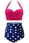 CHERRY CAT Pin-UP Polka Two Piece Swimsuit Beachwear Bathing Suits(Rose Red&Navy,5XL)