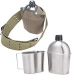 DARTMOOR G.I. Army Stainless Steel Canteen Military with Cup and Green Nylon Cover Waist Belt for Camping Hiking Climbing (Cup with Foldable Butterfly Handle)