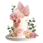 Pinenuts 22 Pcs Cake Toppers Decorations, Gold Balloon Cake Toppers, Paper Palm Fan Cake Toppers Artificial Rose Flowers Leaves Cake Decorations for DIY Birthday Party Wedding Valentine's Day (Pink)