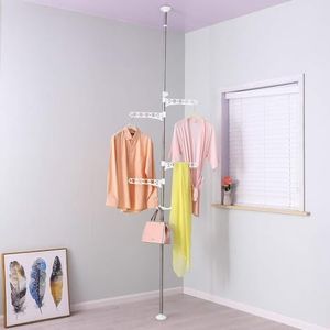 Baoyouni 4-Tier Standing Clothes Laundry Drying Rack Coat Hanger Organizer Floor to Ceiling Adjustable Metal Corner Tension Pole, Ivory