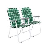 VINGLI Patio Folding Web Lawn Chair Set, 2 Pack Outdoor Beach Chair Portable Camping Chair, Webbed Folding Chair for Yard, Garden (Dark Green)