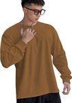 CHKOKKO Oversized Solid Round Neck Full Sleeve Tshirts for Men GoldenBrown L