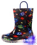 HugRain kids Boys Rain Boots Toddler Light Up Printed Waterproof Shoes Lightweight Adorable Cute Black Cosmos Roket Rubber with Easy-On Handles and Insole (Size 1,Black)