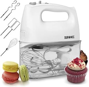 Duronic Hand Mixer for Baking Electric Whisk Handheld HM4W Storage Stand Case White 5 Speed Turbo 400W 2 Beaters 2 Dough Hooks 1 Whisk