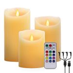 LED Real Wax Candle Lights, 3 Pack Warm White Plus Multicolor Flameless Real Wax USB Charging Electric LED Moving Wick Flickering Candle Lights with Remote Control Timer for Decoration, Wedding