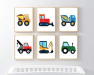 Vehicle Nursery Pictures set of 6 A4 Wall Art Prints Fun Truck Digger Pictures Tractor Bulldozer Baby Construction Theme Print colour plain background