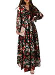 BLENCOT Women Dress Casual Boho Floral Printed Deep V Neck Loose Long Sleeve Long Evening Dress Ruched Maxi Wedding Guest Dresses Black X-Large