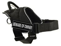 Dean & Tyler DT Fun Harness, Beware Of Owner, Black with Reflective Trim, Large - Fits Girth Size: 32-Inch to 42-Inch