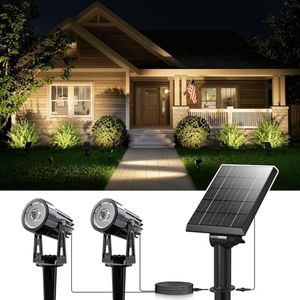 Solar Powered Spot Lights Outdoor Waterproof LED Outside Landscape Spotlight for Tree, Flag, Plant, Statue, House, Yard, Garden, Pathway, Separate Solar Panel with 15.7ft Cable, Warm While (2-in-1)