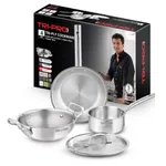 Bergner Tripro Triply Stainless Steel 4 Pc Cookware Set, 24 cm Indian Wok/Kadai with Lid, 22 cm Frypan, 16 cm Tea Pan, Even and Fast Heating, Induction Bottom, Gas Ready, Silver