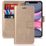 Sidande iPhone 11 Case, [Wrist Strap] Owl PU Leather Wallet Flip Protective Phone Case Cover with Card Slots and Stand for Apple iPhone11 (6.1 inch) (Gold)