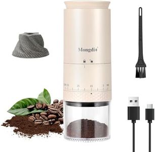 Mongdio Portable Electric Burr Coffee Grinder with 38 Adjustable Settings, Conical Burr Coffee Grinder with LED Display, USB Charging, Ceramic Core, for Home, Pearl White