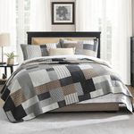 PERHOM Quilt Queen Size - 100% Cotton Lightweight Bedspread - Gray Brown Black White Plaid Patchwork Soft Reversible Quilt Queen Size for Bed Set All Season, 3 Pieces