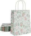 Sparkle and Bash 24-Pack Floral Gift Bags, 8x4x10-Inch Medium Size Gift Bags with Handles, Paper Bags with Colorful Rose Flower Print (Green)