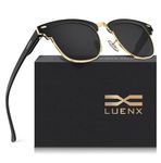 LUENX Retro Polarized Square Sunglasses for Men and Women with Semi Rimless, 52MM Non-mirrored Black Lens Glossy Black Frame with Spring Hinge