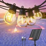 Quntis 54ft 15+2Bulb Solar String Lights Outdoor, 8 Lighting &4 Dimming Mode, USB-C & Solar Powered Patio Light String Outdoor, Digital Power Display, Waterproof Solar Light for Backyard Garden Gazebo