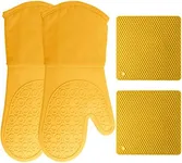 HOMWE Silicone Oven Mitts and Pot Holders, 4-Piece Set, Heavy Duty Cooking Gloves, Kitchen Counter Safe Trivet Mats, Advanced Heat Resistance, Non-Slip Textured Grip (Yellow)