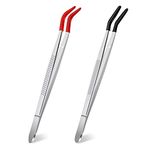 Grevosea 2 Pieces Rubber Tips Tweezers, Curved Tweezers Stainless Steel Tweezers with Rubber Tips Black Flat Tip Long Tweezer Red Bent Tip Tweezers for Crafts Repairing Jewelry Craft Tool