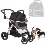 HPZ Pet Rover Prime 3-in-1 Luxury Dog/Cat Stroller (Travel Carrier + Car Seat +Stroller) with Detach Carrier/Pump-Free Rubber Tires/Aluminum Frame/Reversible Handle for Medium & Small Pets (BLACK)