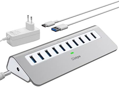 Hub USB Alimentato, Hub USB 3.1 a 10porte con Trasmissione Dati a 10Gbps, Alimentatore da 30W (12 V/2,5 A), Cavo USB Tipo A e Tipo C, Hub USB 3.2 in Alluminio per Laptop, MacBook e Computer Desktop