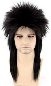 Topcosplay Men's Mullet Wig, Black 70s 80s Proll Wig Party Halloween Costume Rocker Wig