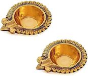 SATVIK 2 Pc Lakshmi Deepak for Diwali Decoration. Handmade Oil Lamp Golden Engraved Made of Virgin Brass Metal Vilakku for Puja Pooja. Traditional Indian Deepawali Housewarming Return Gift Items