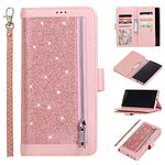 EYZUTAK Wallet Case for Samsung Galaxy Note 10 Plus,Magnetic Handbag Zipper Pocket PU Leather Flip with 9 Card Slots and Wrist Strap Folio TPU Stand Case for Samsung Galaxy Note 10 Plus - Rose Gold