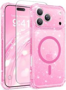 BERFY for iPhone 17 Pro Max Case for Women, Compatible with MagSafe, Clear Glitter Shockproof Protective Case, Anti-Yellowing, with Screen Protector & 3 Diamond Camera Lens Covers 6.9", Hot Pink