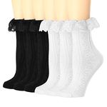 BIVOLU Womens Crew Socks Lace Ruffle Frilly Cotton Cute Princess Ankle Dress Socks for Girl 2/4/6 Pack, 6pairs( 3black+3 White-lace Style2), 5-9