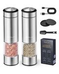 FORLIM Electric Salt and Pepper Grinder Set, USB Rechargeable Automatic Salt Pepper Mill Grinder, One-Handed Operation, Refillable with Light, Adjustable Coarseness, Stainless Steel, 2 Pack (Silver)