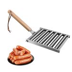 VANEME Hot Dog Roller, Stainless Steel Rolling Sausage & Meatball Grill Rack with Long Wood Handle - 5 Hot Dog Capacity for Evenly Cooked Hot Dogs - Essential BBQ Tool for Outdoor Grilling (Small)