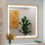 JSneijder 30x30 Inch Gold LED Mirror for Bathroom,Beveled Framed Bathroom Mirror with LED Lights,3000K/4500K/6000K,Dimmable, Anti-Fog