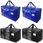 Extra Large Moving Bags Heavy Duty Totes for Storage Packing, Space Saving, Traveling, with Zippers & Strong Carrying Handles (4 Pack, 2 Blue&2 Black)