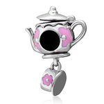 Magic Teapot and Teacup Charms, Fit Pandora Women Valentines Day Bracelet, 925 Sterling Silver Pink Enamel Tea Pot/Cup Beads, Gift for Wedding/Daughter and Wife/Couple