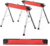 COSTWAY Folding Saw Horse Twin Pack, Heavy Duty Workbench with Flip-Down Pegs, 2 x 4 Support Arms, Non-Slip Pads & Surface, Fully Assembled Metal Trestle Stands Sawhorse, Each Max Load 500kg (Red)