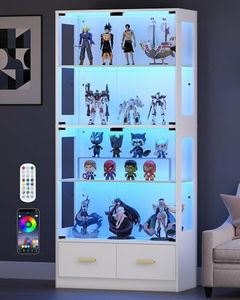 Lamtor Display Cabinet with Glass Doors - 67" Curio Cabinet for Collectibles with RGB LED Lights and 2 Drawers, 4 Tier Glass Display Case for Living Room, Office, White