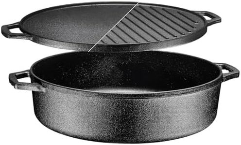 Bruntmor 3-in-1 Pre-Seasoned Cast Iron Skillets with Reversible Grill Griddle Lid - 6.8 Quart Round Deep Roasting Pan for Frying, Grilling, Dutch Oven Cooking - Non-Stick Cast Iron Cookware - Black