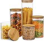 Canister Set of 5, Glass Kitchen Canisters with Airtight Bamboo Lid, Glass Storage Jars for Kitchen, Bathroom and Pantry Organization Ideal for Flour, Sugar, Coffee, Candy, Snack and More