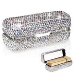 Adorila Lipstick Case with Mirror, Rhinestone Crystal Lipstick Organizer for Travel, Portable Bling Diamonds Lip Gloss Storage Holder, white