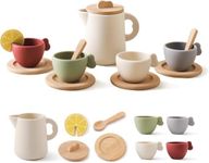 Wooden Tea Set for Little Girls, Enchanting Tea Party Set Silicone Tea Set Teapot Cups Carrying Scoop Kids Kitchen Accessories Toys Toddler Tea Set Girls Gift