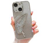 mobistyle Designed for iPhone 15 Cover with Glitter Cute Butterfly Electroplating Design Back Cover Case for Women Teen Girls (Silver)